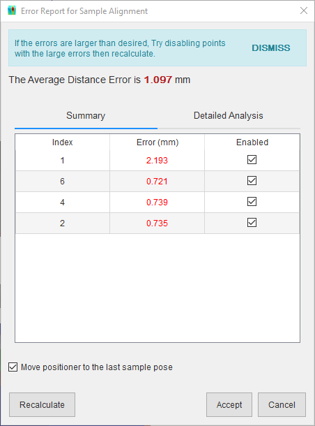 Alignment error dialog with poor result